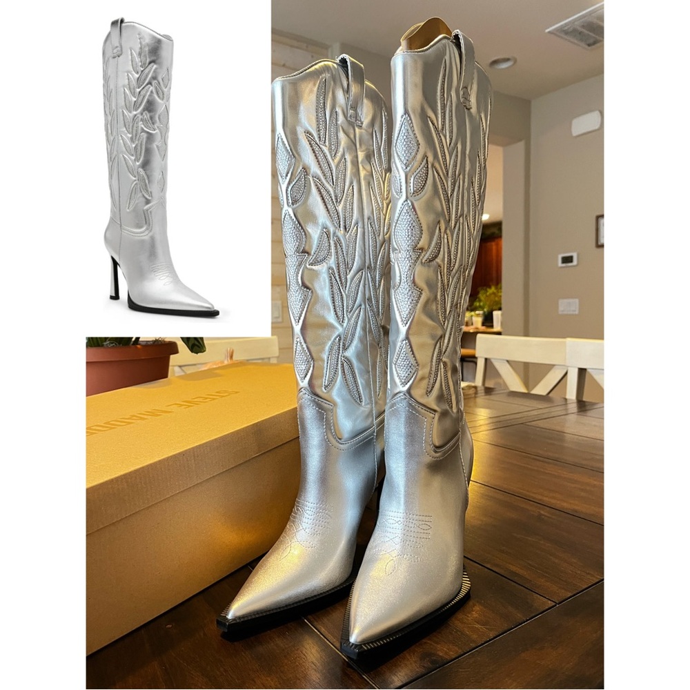 Steve Madden Silver Kinzee Rhinestone Stiletto Western Tall Boots Size 7.5 NWB